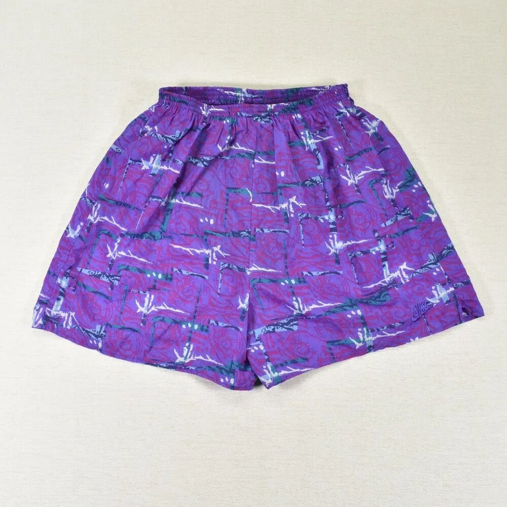 Nike Boys M 10-12 Swim Trunks Purple All Over Print Graphic Swoosh Mesh Lined